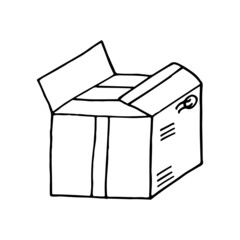 open cardboard box hand drawn in doodle style. vector, line art, nordic, scandinavian, minimalism, monochrome. icon, sticker. package.