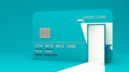 concept of financial opportunity shopping online design on green credit card template mockup Bank credit card with green open door on card isolate on green background with copy space 3d rendering 