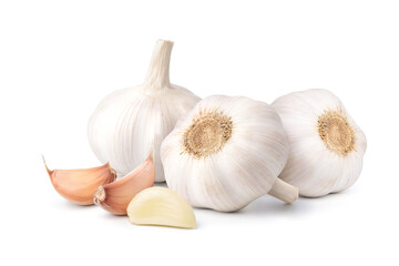 Peeled Garlic Cloves and Bulb isolated on white background.