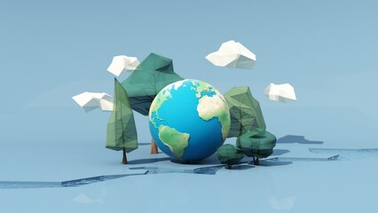 innovative Poster Or Banner Of World Environment Day with low poly tree and cloud and river on the floor with globe earth on green background 3d rendering illustration