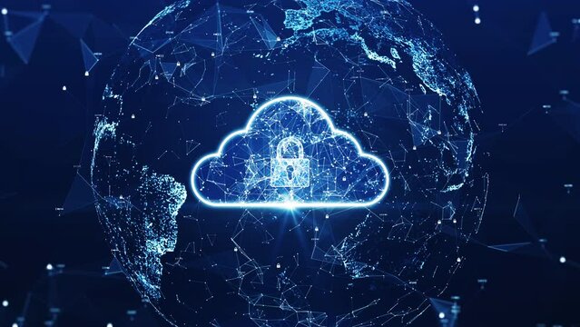 cloud computing technology database security concept Backup transfer. There is a large cloud icon in the center prominently in an abstract world and a slow moving polygon with a dark blue background.