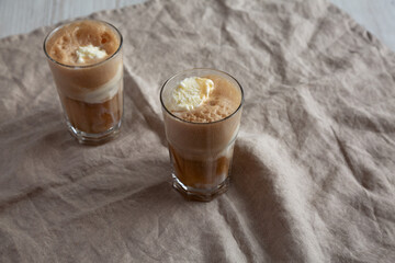Homemade Ice Cream Float with Cola. Sweet Refreshment Drink, side view. Space for text.