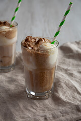 Homemade Ice Cream Float with Cola. Sweet Refreshment Drink, side view.