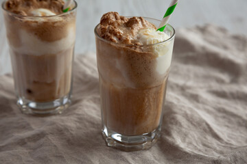 Homemade Ice Cream Float with Cola. Sweet Refreshment Drink, side view. Close-up.