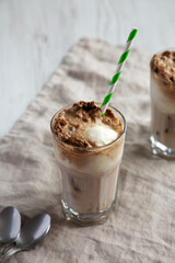 Homemade Ice Cream Float with Cola. Sweet Refreshment Drink, side view.
