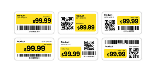 Price tags with barcode and qr code, stickers template for retail store, vector illustration