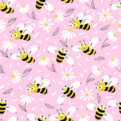 Daisy and bees seamless pattern. Flowers, petals and cartoon bees on a pink background. Vector illustration.