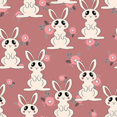 Seamless pattern with silhouette Easter rabbits on color floral background. Design for card, postcard, wallpaper, fabric, textile. Vector stock illustration. Cartoon style