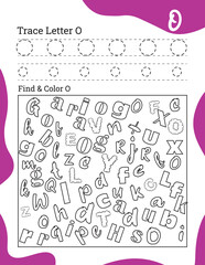 English alphabet letter O tracing line printable worksheet with cute picture for coloring for vocabulary learning. Basic writing practice for preschool and kindergarten kids student and teacher.