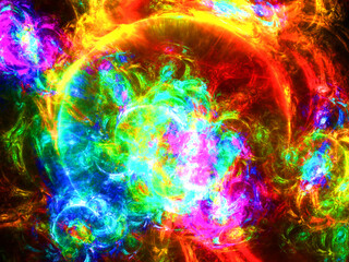Creación de arte abstracto digital compuesto de formas circulares difusas solapadas por manchas coloridas en un todo que simula ser una estrella oculta tras nubes gaseosas.