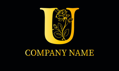 Alphabet U with Rose Flower nature text design vector logo template