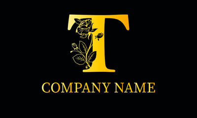 Alphabet T with Rose Flower nature text design vector logo template