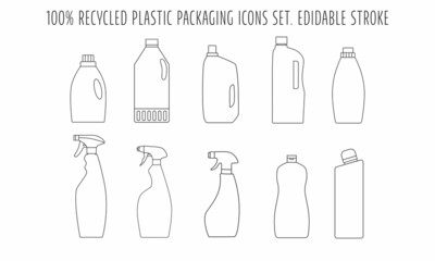 Recycle cleaning bottle and garbage recycling icon concept of waste sorting. Editable stroke. Vector stock illustration isolated on white background for packaging logo print. 