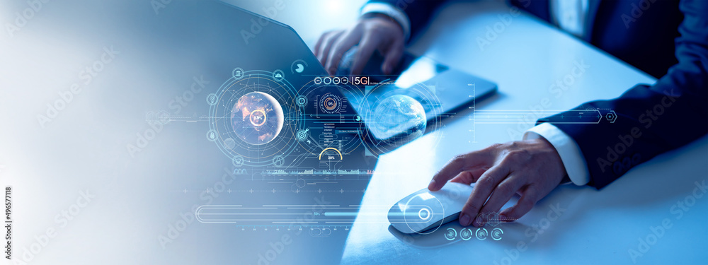 Poster businessman using laptop on global network connection, data exchange, globalization marketing and in