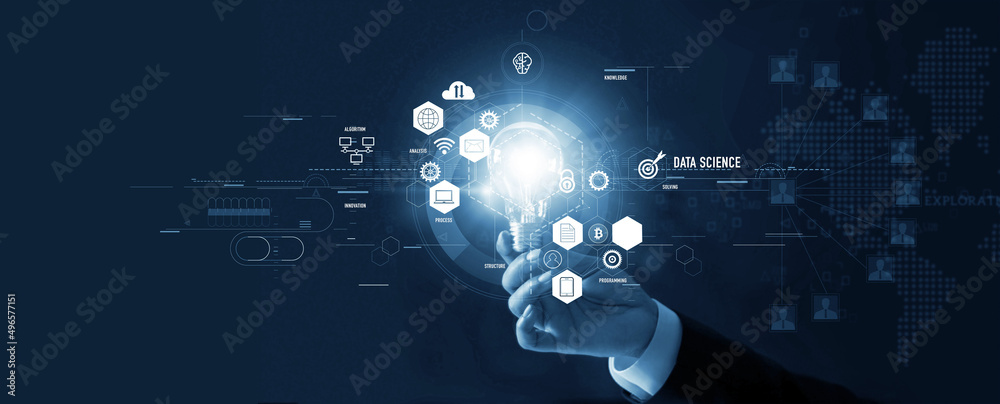 Poster Data science and business of modern technology, Idea and creative, Innovation, Artificial intelligence, Deep learning, Analysis and development on internet and network.