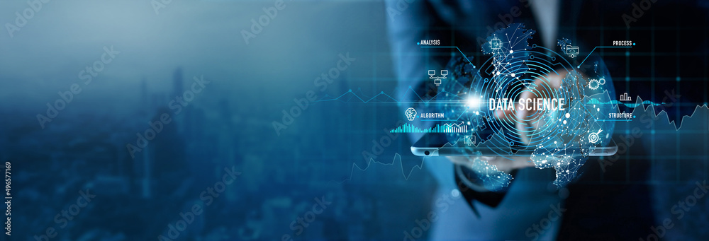 Poster Businessman use tablet on Data science and business of modern technology, Idea and creative, Innovation, Artificial intelligence, Deep learning, Analysis and development on internet and network.