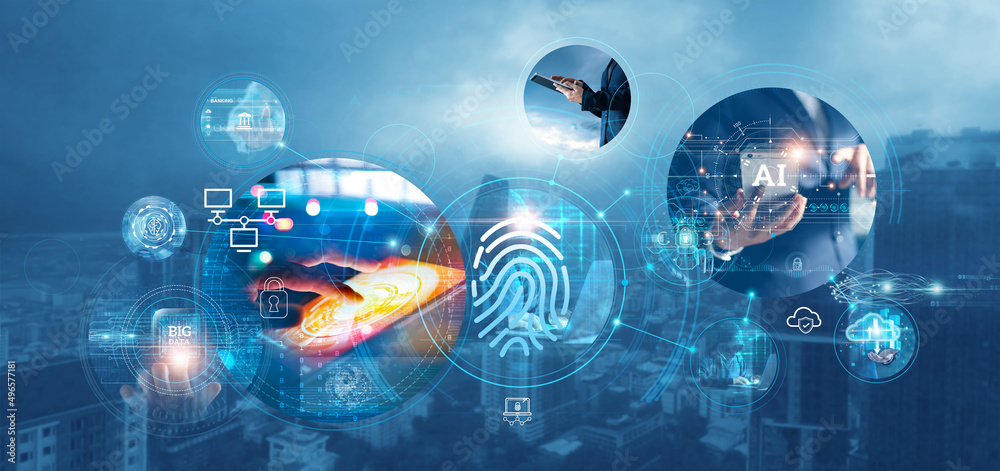 Poster Business and security in cyberspace network connection, Internet network security, Banking and financial, digital marketing, Data privacy protection, Protect data and confidentiality on cyber network.