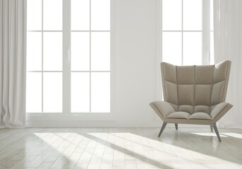 modern room with curtains and armchair interior design. 3D illustration