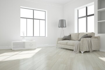 modern room with sofa,pillows,plaid,table,vases and lamps interior design. 3D illustration
