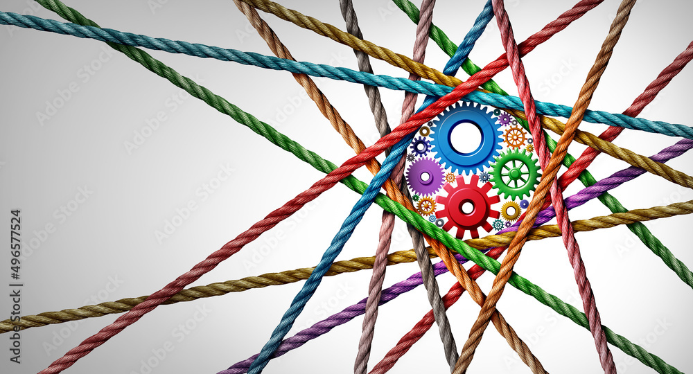 Poster Diverse business connection and connected diversity as a central circle shaped group of ropes creating a centralized circular gearmachine shape.