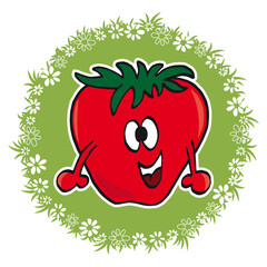 Erdbeere Maskottchen in Blumenwiese, runder aufkleber, marmelade