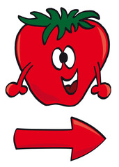 Lustige Erdbeere Cartoon mit Pfeil, Wegweiser, Hinweis, Hinweisschild, Hofverkauf, Verkauf, Marketing, Werbung