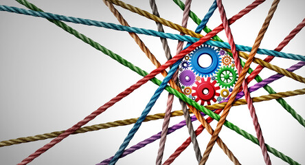 Diverse business connection and connected diversity as a central circle shaped group of ropes creating a centralized circular gearmachine shape.