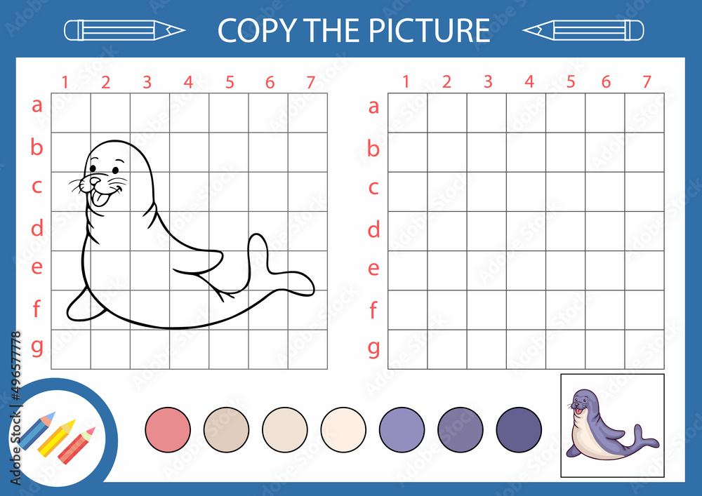 Canvas Prints Copy draw of cute seal. Kids drawing lesson. Children education riddle. Activity page and worksheet with fun and game.