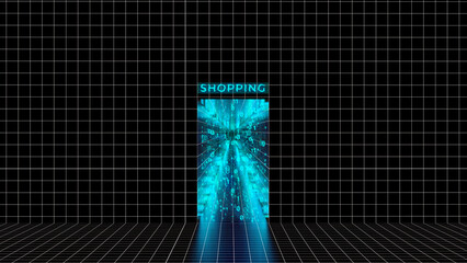 Enter or door to metaverse shop concept. shopping sign. Metaphor for entering metaverse space online store. VR concept, sci-fi room blue light squares shapes. Web 3.0 representation. 3d render