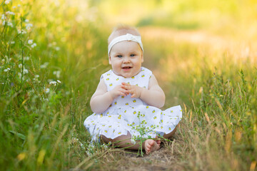 charming little girl in a white dress is sitting on a flower meadow. child playing outdoors