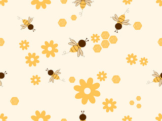 Seamless pattern with bee cartoons, honey and flower on yellow background vector.