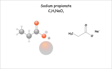 Stylized molecule model/structural formula of the food preservative sodium propionate. - obrazy, fototapety, plakaty
