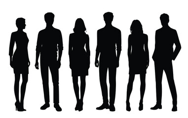 Vector silhouettes of  men and a women, a group of standing  business people, black color isolated on white background