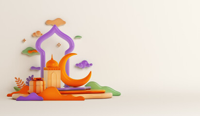 Islamic decoration background with mosque, crescent moon, gift box cartoon style, ramadan kareem, mawlid, iftar, isra  miraj, eid al fitr adha, muharram, copy space text area, 3D illustration.