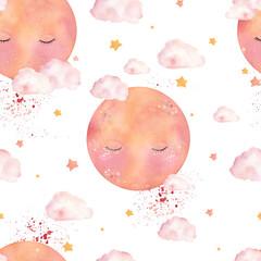 Seamless pattern with watercolor hand draw cute moon, flowers, clouds and stars, isolated on white background