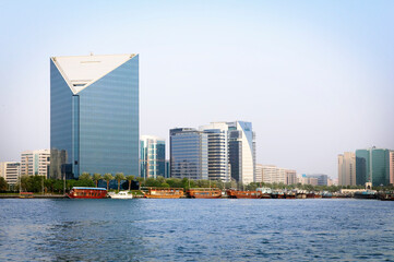 Dubai Deira port. High-rise buildings in the background