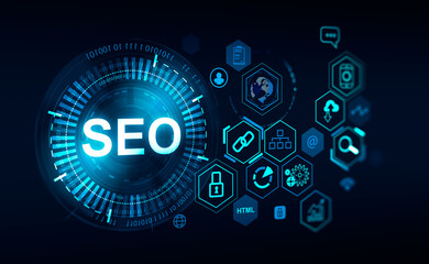 Seo hologram and digital icons with data and binary