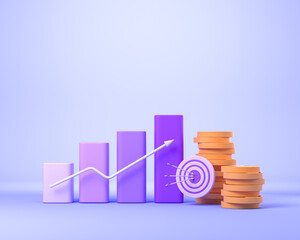 Bar chart with money and arrow, stack of coin and financial goal