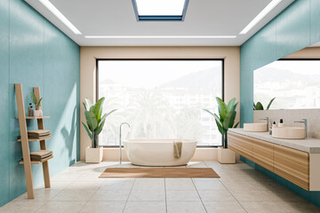 Front view on bright bathroom interior with bathtub, panoramic window
