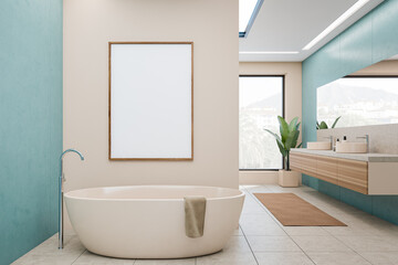 Naklejka na ściany i meble Front view on bright bathroom interior with empty white poster