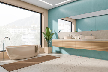 Fototapeta premium Corner view on bright bathroom interior with bathtub, panoramic window