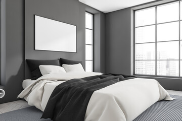Grey sleep room interior with bed and panoramic window. Mockup frame