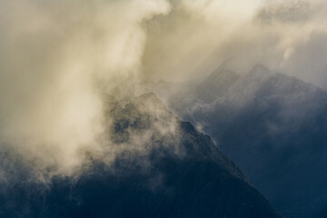 Mountain range in fog
