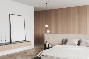 Fototapeta na wymiar Light sleep room interior with bed, nightstand and commode. Mockup frame
