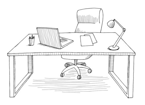 Office table graphic black white interior sketch isolated illustration vector 