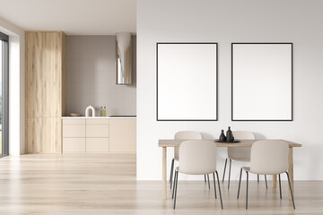 Light kitchen interior with shelf, window and eating table with two mock up frames