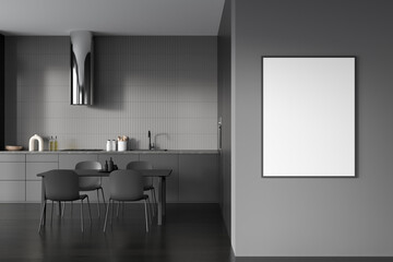 Grey kitchen interior with eating table on wooden floor, mock up frame