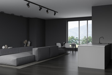 Corner view on dark studio room interior with dining table