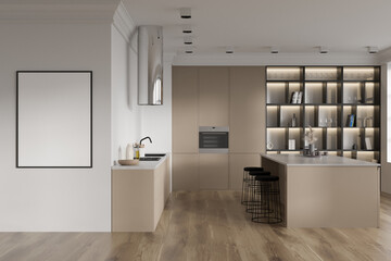 Front view on bright kitchen room interior with empty poster