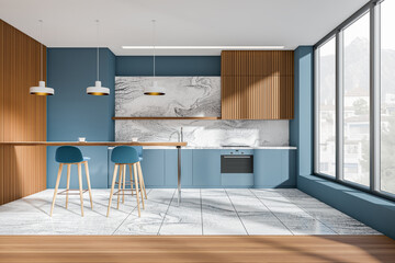 Front view on bright kitchen interior with island with barstools